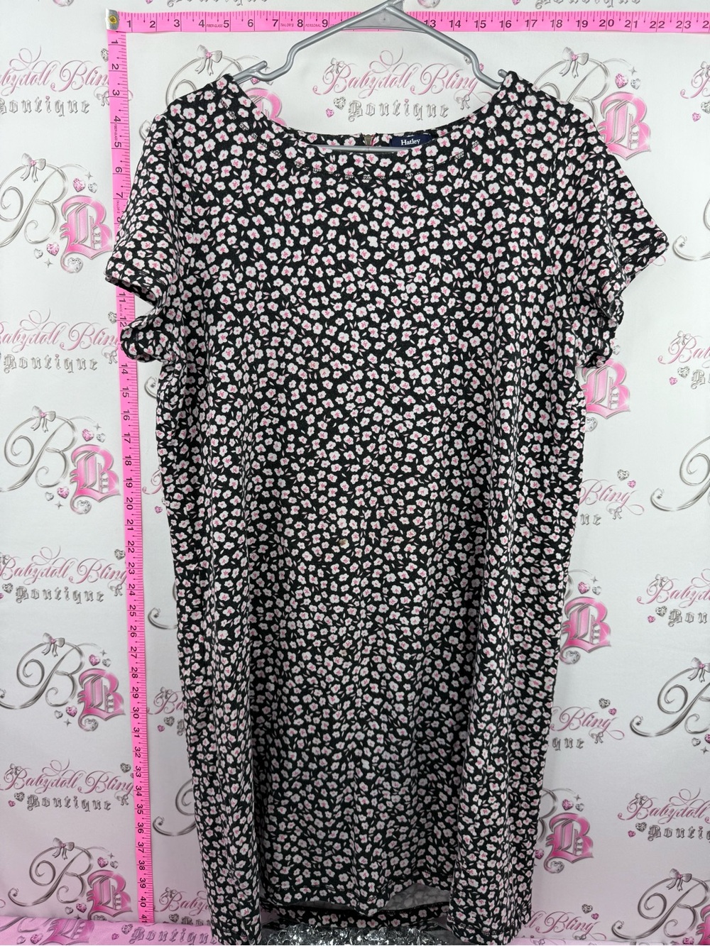 Hatley dress flowers pink white Black Dress with Pink Floral Print tassle pink